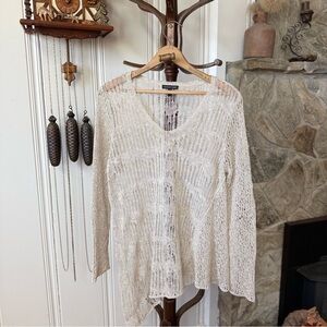 Eileen Fisher Pebble V-Neck Airy Melange Linen Grain Sheer Crochet Tunic Top M